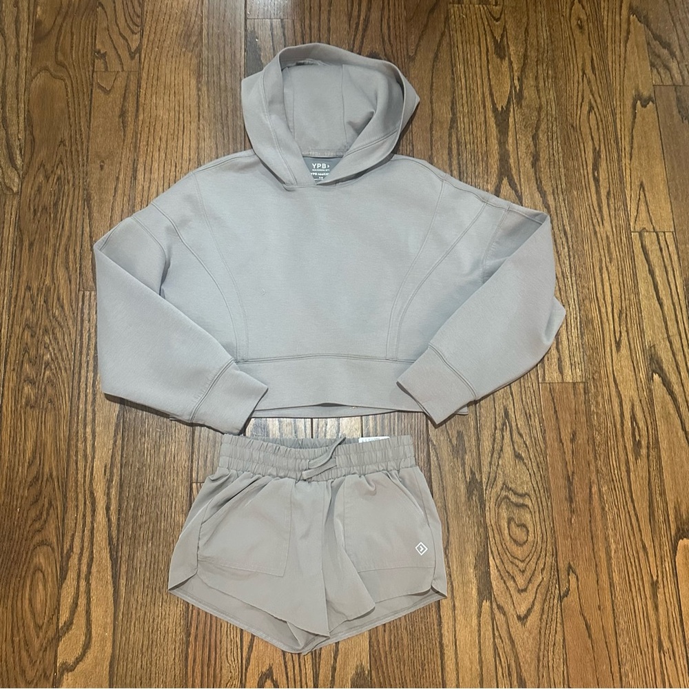 YPB Abercrombie brown pop over crop hoodie and athletic shorts- Size XS